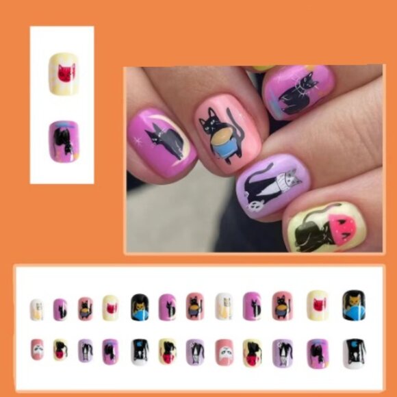 24 Pc Short Round Cats Cartoon False Artificial Press Glue On Nail - Picture 2 of 7